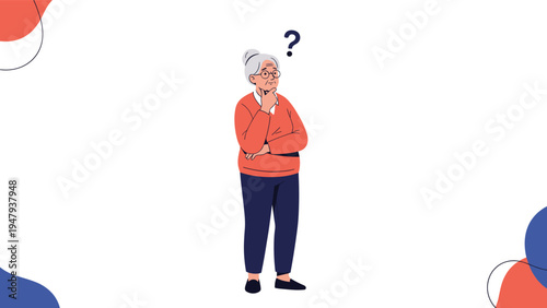 Senior woman with gray hair standing in thoughtful pose with hand on chin and question mark above her head for contemplation.