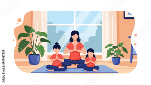 Peaceful scene of mother and two young daughters sitting on yoga mats and practicing meditation in sunny living room.