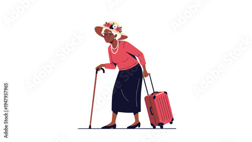 Stylish elderly woman wearing sun hat and pearls walking with cane and pulling red suitcase for her vacation trip.