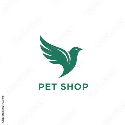 Minimalist pet shop logo design with green bird silhouette on transparent background
