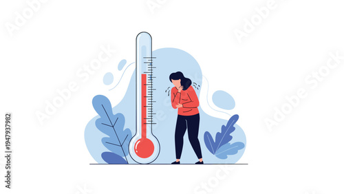 Illustration of woman feeling cold and shivering next to giant medical thermometer showing high temperature indicating fever.