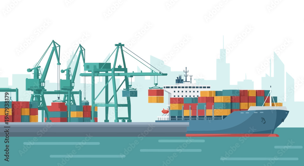 Fototapeta premium Container Ship Loading at Industrial Port with Cranes and City Skyline