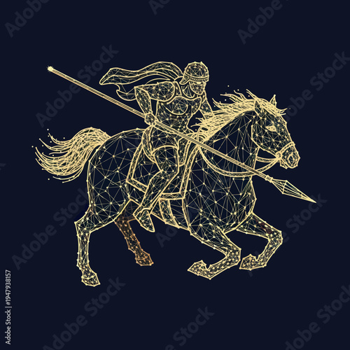 Golden Knight Riding Horse with Spear.