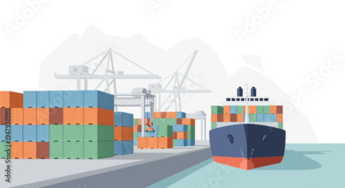 Container Ship Docked at Port with Cranes and Stacks of Cargo Containers
