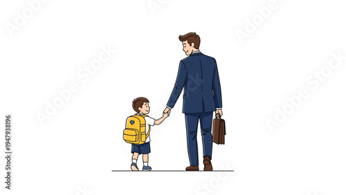 Professional father in business suit holding hands with his young son carrying yellow backpack as they walk to school.