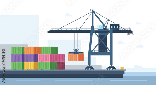 Container ship loading with crane at port, logistics and shipping industry concept