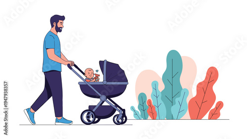 Caring father pushing modern dark blue baby stroller with his infant child during walk in beautiful public park.