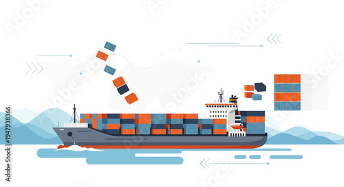 Container Ship Navigating Ocean Waves, Global Logistics and Shipping Concept