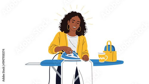 Cheerful woman with curly dark hair wearing yellow cardigan and smiling while ironing white pants on ironing board.