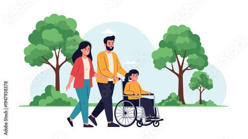 Happy parents and their young daughter in wheelchair enjoying refreshing walk through sunny park filled with green trees.