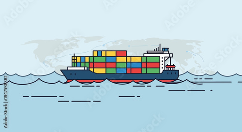Container Ship Sailing on Blue Ocean with World Map Background, Global Shipping Logistics