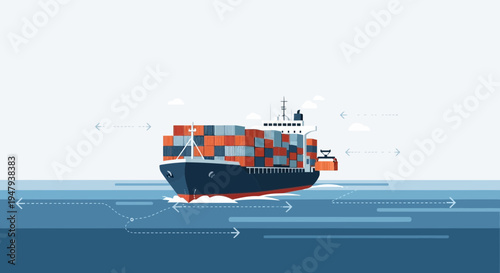 Container Ship Sailing on Blue Ocean with Navigation Lines and Clouds