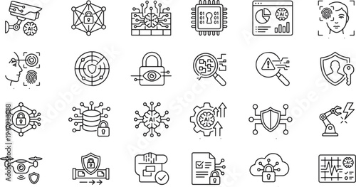 Cyber security and digital data protection thin line icons set vector illustration