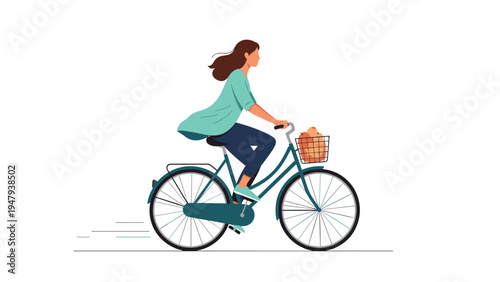 Young woman with long hair riding teal bicycle with basket full of bread or grocery goods through white background.