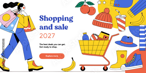 Shopping & Sale 2027 – Vibrant Retail Illustration with Discounts, Fashion Items, Shoppers, and Promotional Graphics for Marketing & Social Media Campaigns