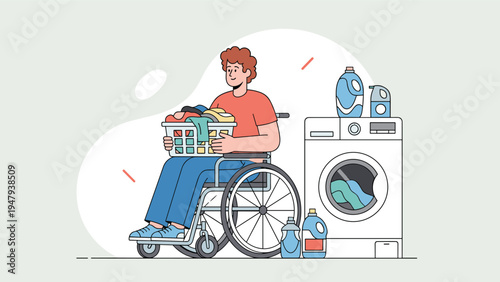 Independent man in wheelchair holding full laundry basket next to front-loading washing machine and detergent bottles.