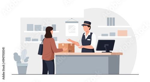 Customer hands package to postal worker at counter in post office or shipping store