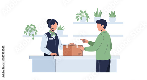 Customer hands package to service agent at counter with plants in background