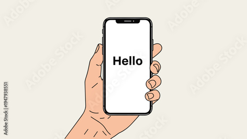 Close up view of a human hand holding a modern smartphone displaying the word hello on a white screen background.