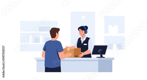 Customer hands package to service agent at counter with headset and computer