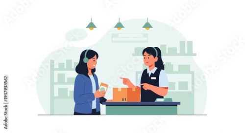 Customer interacts with cashier at store counter, receiving package