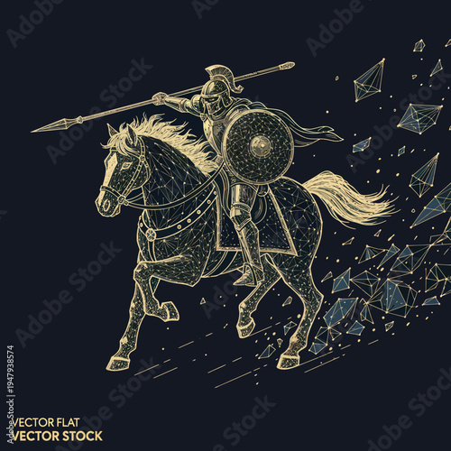 Warrior Riding Horse with Spear and Shield.