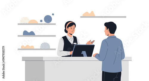 Customer paying at checkout counter with cashier using tablet, retail store interior