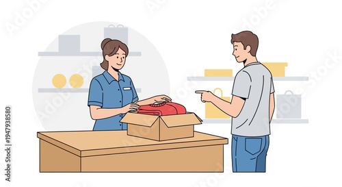 Customer receives package from store employee, shopping, retail, delivery, service
