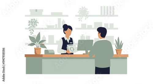 Customer interacting with a pharmacist at a pharmacy counter, receiving advice