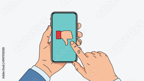 Person holding a modern smartphone and using a finger to tap a red dislike button icon displayed on the blue screen.
