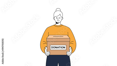Young woman wearing an orange sweater stands while holding a cardboard box with a donation label for charity work.