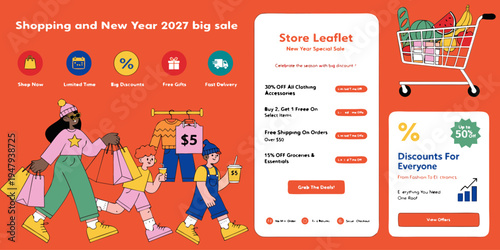 Shopping and New Year 2027 Big Sale Banner – Colorful Festive Design with Huge Discounts on Clothing, Electronics, Homeware, Furniture, Toys, and Essentials for Seasonal Retail Promotions