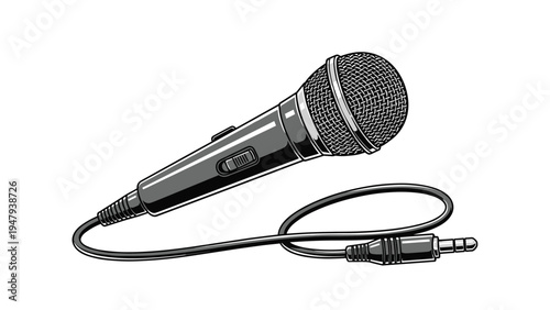 Professional black handheld microphone with a long wire and audio jack connector isolated on a white background.