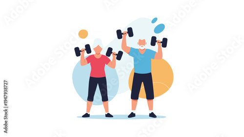 Active senior couple exercising together by lifting heavy dumbbells to maintain their physical health and fitness level.