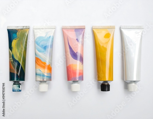 Five colorful metal tubes in a row, each filled with different hues of paint, against a stark white background