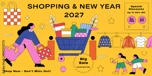 Shopping & New Year 2027 Big Sale Banner – Vibrant Festive Design with Up to 50% Off on Clothing, Electronics, Homeware, Furniture, and Toys for Seasonal Retail Promotions