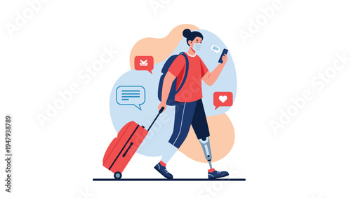 Young woman with a prosthetic leg travels through an airport while using her phone and pulling a red suitcase along.