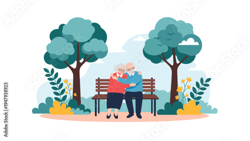Happy elderly couple sitting on a park bench and hugging each other surrounded by green trees and colorful flowers.