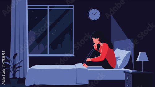 Sad woman sits on the edge of her bed at night while looking out of the window at the starry city skyline view.