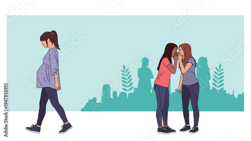 Two women stand and whisper secrets to each other while a young pregnant woman walks past them in the foreground.