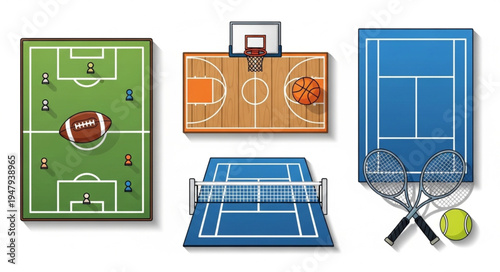 Various Sports Fields and Courts - Football, Basketball, Tennis, and Volleyball.