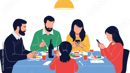 Family sitting around a dinner table with parents eating while the children are distracted by using their smartphones.
