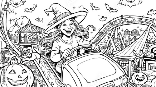 Halloween Witch Rides a Thrilling Roller Coaster Through a Spooky Amusement Park at Night