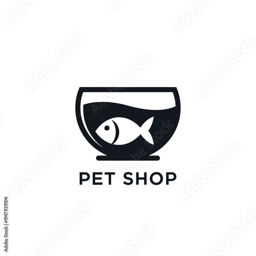 Minimalist pet shop logo featuring fish in glass bowl icon for professional branding needs