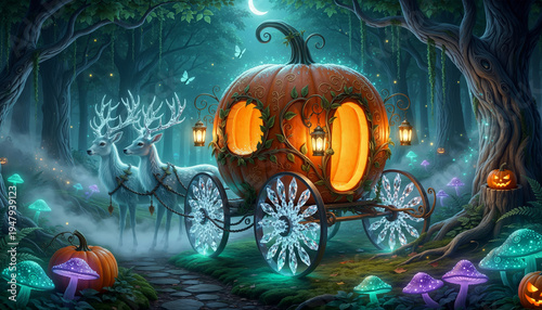 Fantasy Pumpkin Carriage In Magical Forest