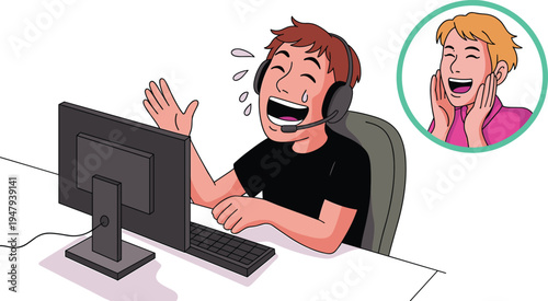 Cartoon gamer laughing while playing on computer with headset funny gaming reaction streaming entertainment vector illustration concept