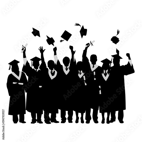 Silhouette of graduates throwing caps.