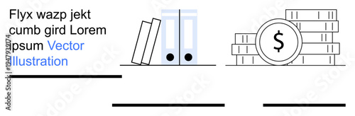 Finance, bookkeeping, money management, business planning, office organization, budgeting. Books, file folders and stacked coins with a currency symbol. Finance and bookkeeping illustrated clearly