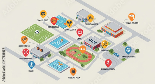Isometric Campus Map Illustration with Buildings and Sports Facilities.