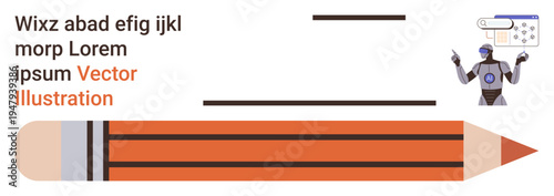 Robotics, education, writing tools, technology, innovation, digital learning. Robot interacting with a digital interface next to a pencil. Robotics and education-focused conceptual imagery
